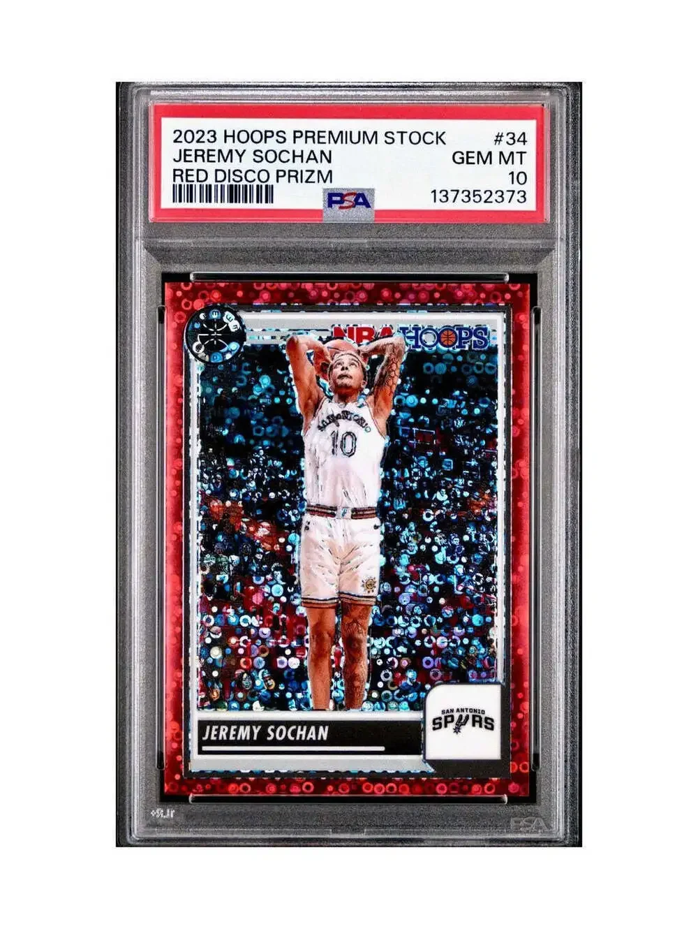 Jeremy Sochan 2023 Panini Hoops Premium #34 48/149 Red Disco Prizm PSA 10 Gem